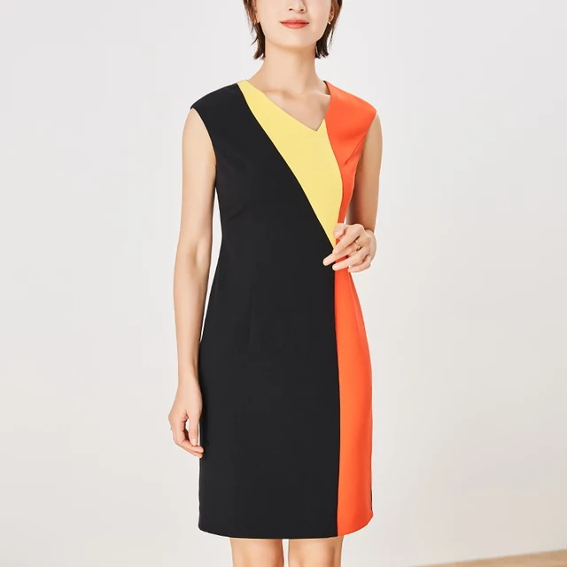 Black stand out orange yellow patchwork office formal dress