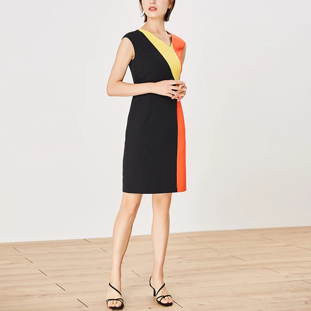 Black stand out orange yellow patchwork office formal dress