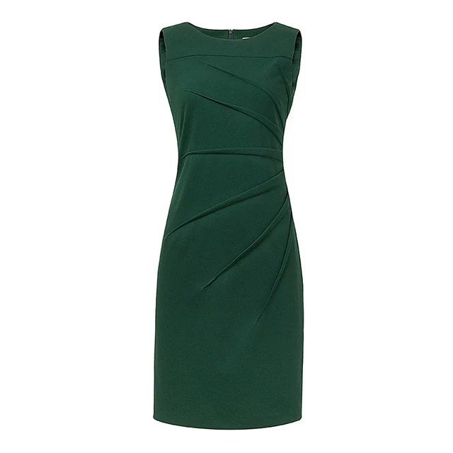 Green star pleats tailored formal sheath dress, Green office dress