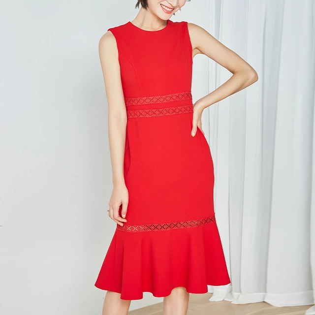 Red sleeveless ruffle hem dress with lace decoration