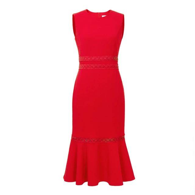 Red sleeveless ruffle hem dress with lace decoration