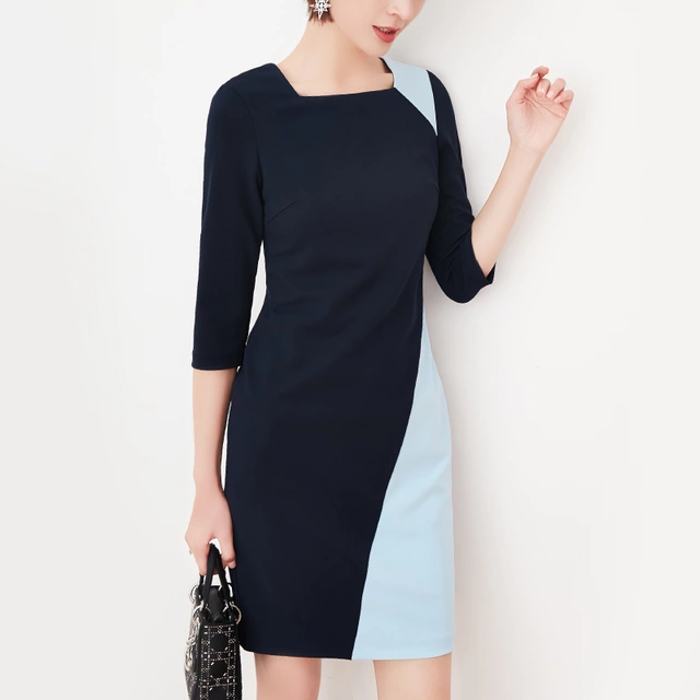 Navy blue, sky blue patchwork tailored formal dress, midi sleeves office dress