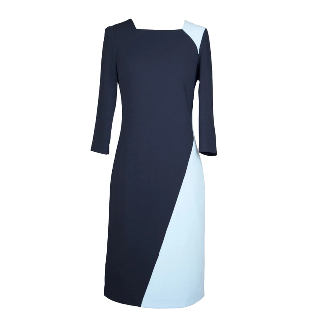 Navy blue, sky blue patchwork tailored formal dress, midi sleeves office dress