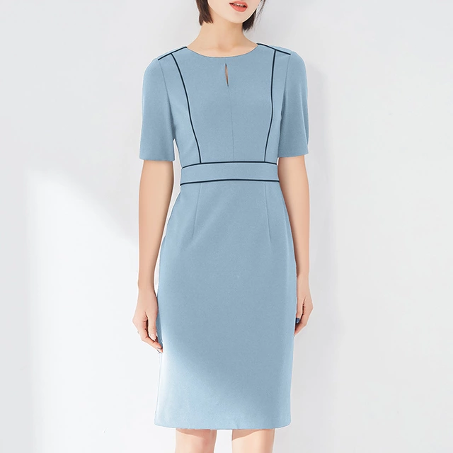 Tailored formal sky blue dress with strip detail, short sleeve office dress