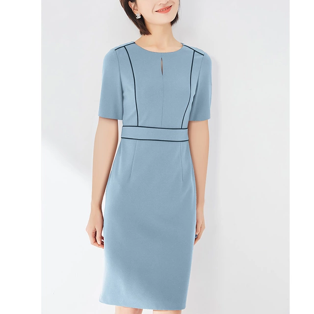 Tailored formal sky blue dress with strip detail, short sleeve office dress