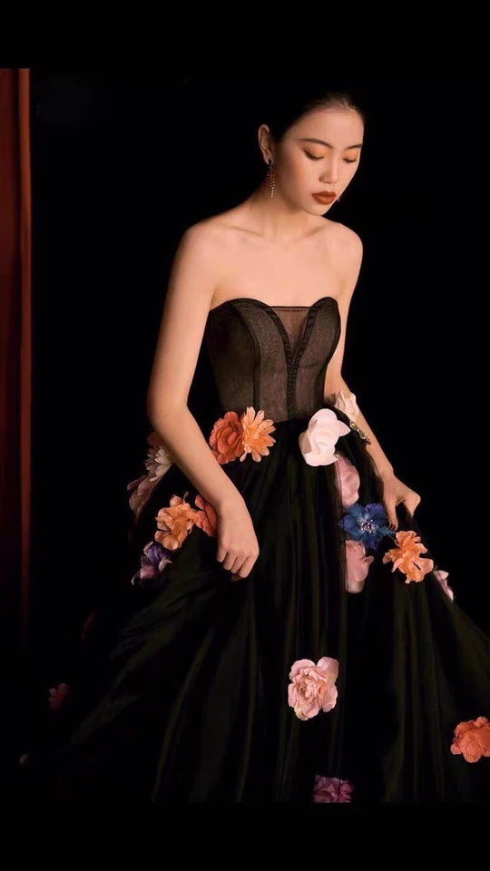 Black floral sleeveless evening dress, Black prom dress