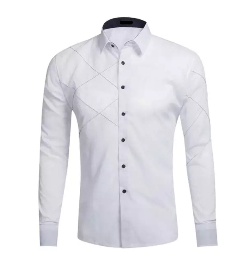 Men's formal cotton button down white shirt with lattice tile detail