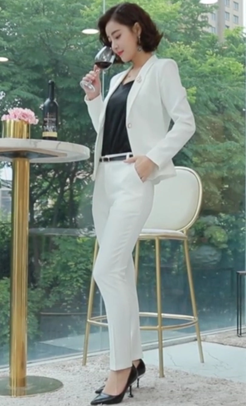 Yellow 2-piece pants and blazer suits, white or black pants suit