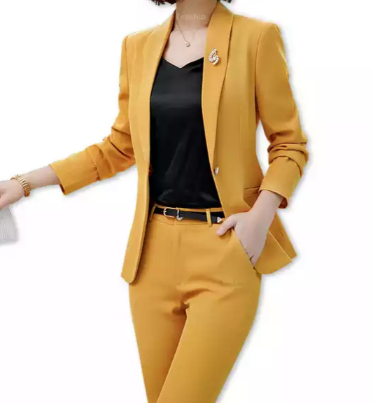 Yellow 2-piece pants and blazer suits, white or black pants suit