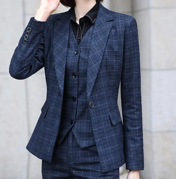 Navy Blue 3-Piece Plaid Suit - Blazer, Waistcoat and Pants