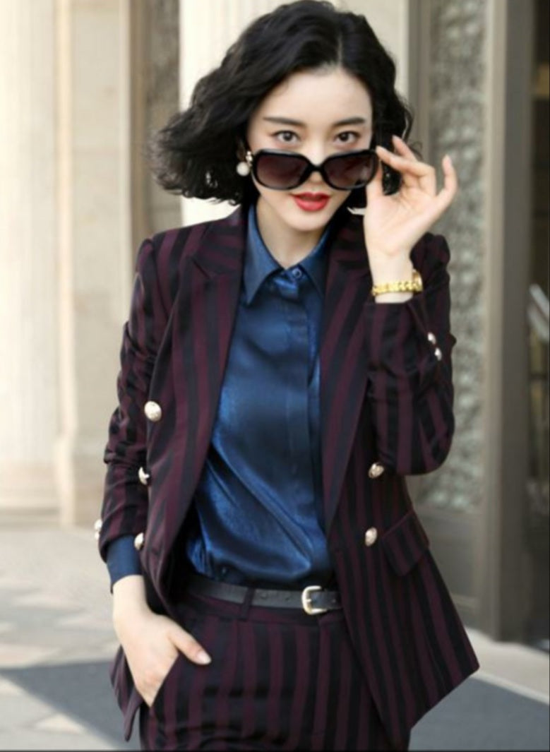 Burgundy stripped 2 piece pants and blazer suits in burgundy, navy blue or black