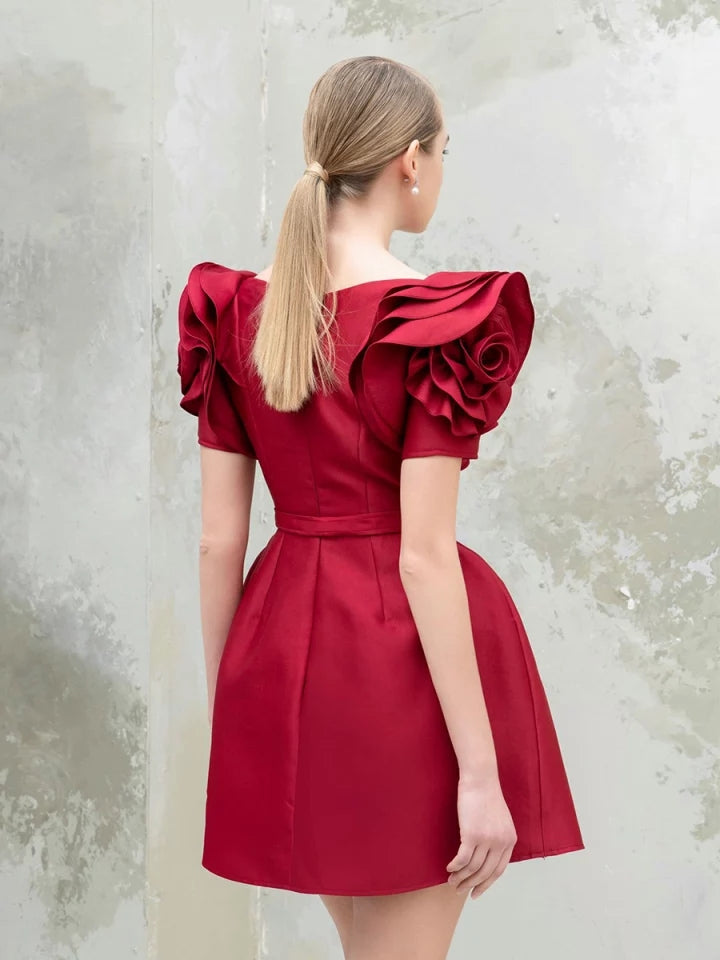 Belted red mini A-line dress with rose petals sleeve detail