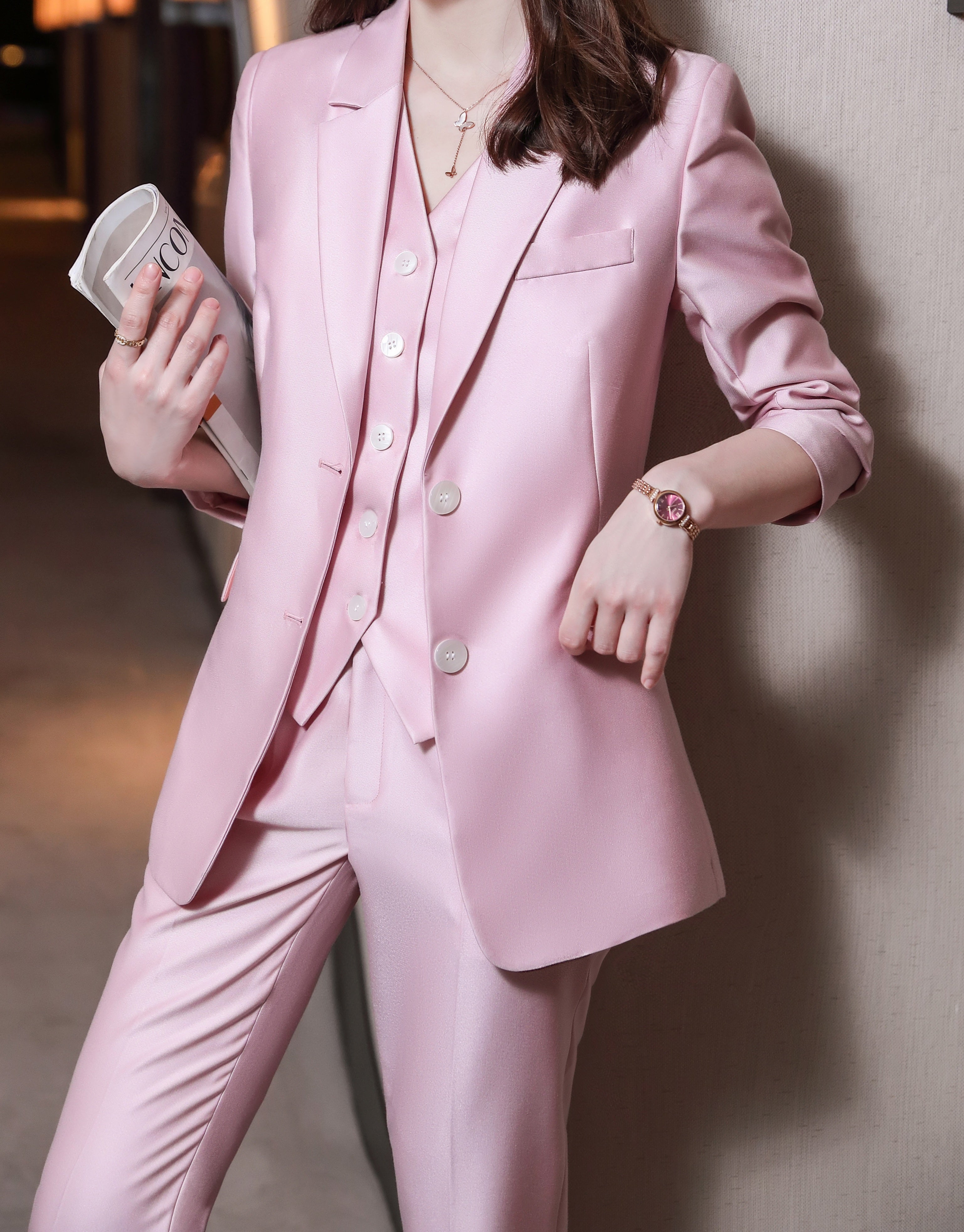 Pink 3-piece satin suit, satin suits with blazer, waistcoat and pants
