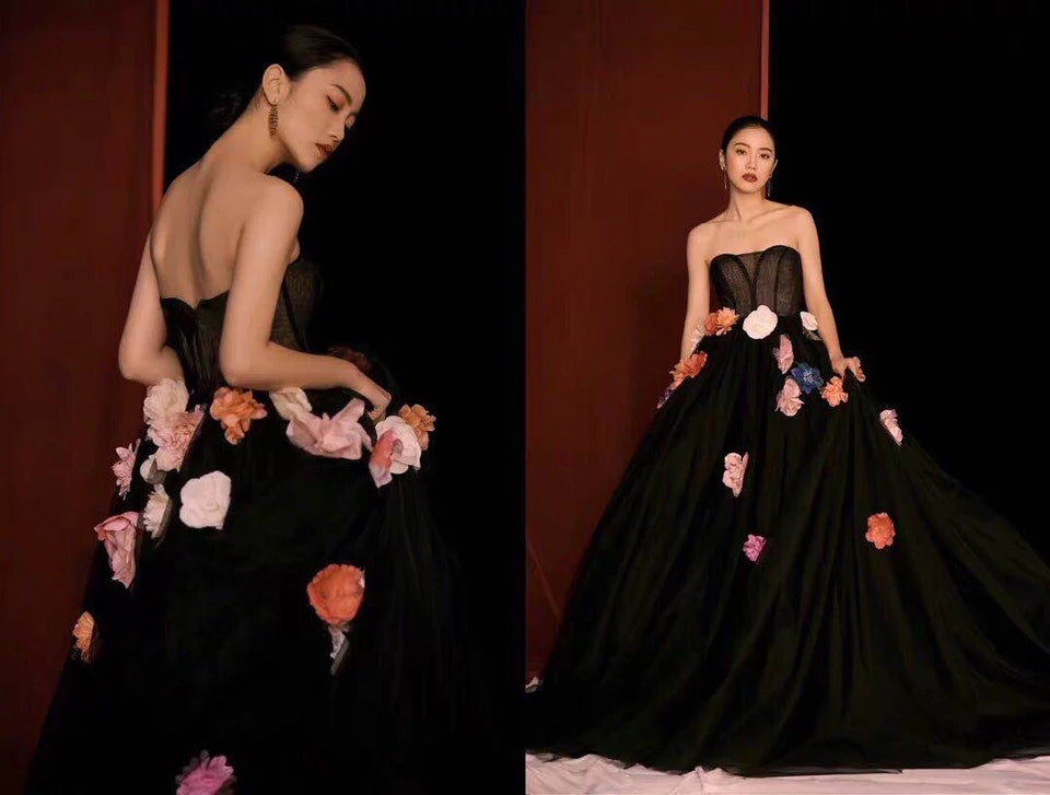 Black floral sleeveless evening dress, Black prom dress