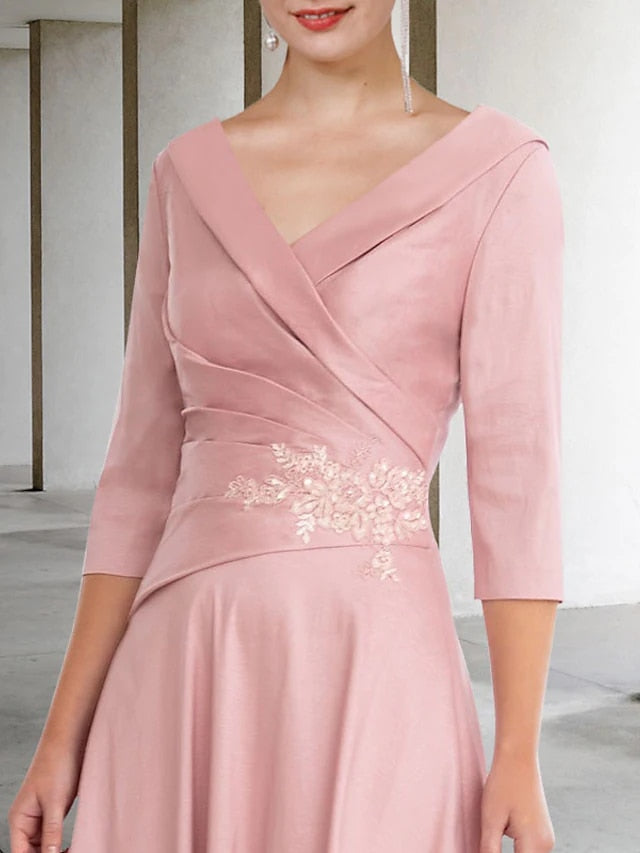 Pink Vintage A-Line Half Sleeve Bride Dress with Appliques Side-Draped