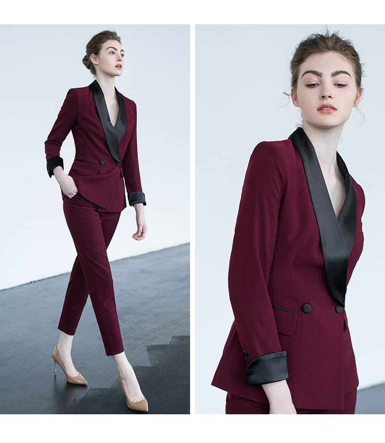 Burgundy Double-Breasted 2-Piece Pants Suit