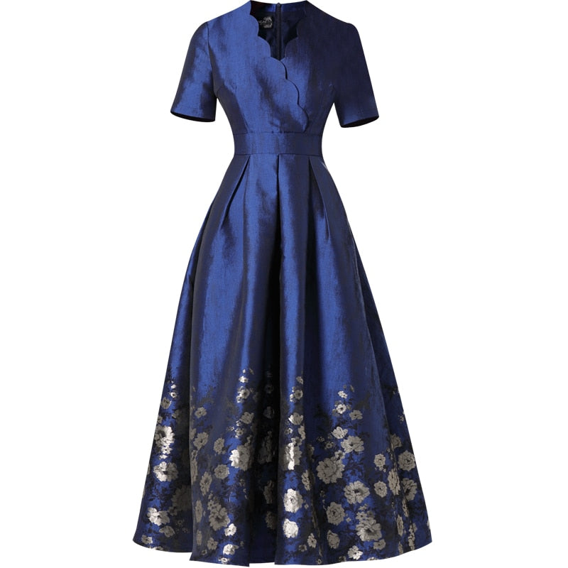 Hand-Made Navy Blue Brocade Floral Mother of the Bride Dress