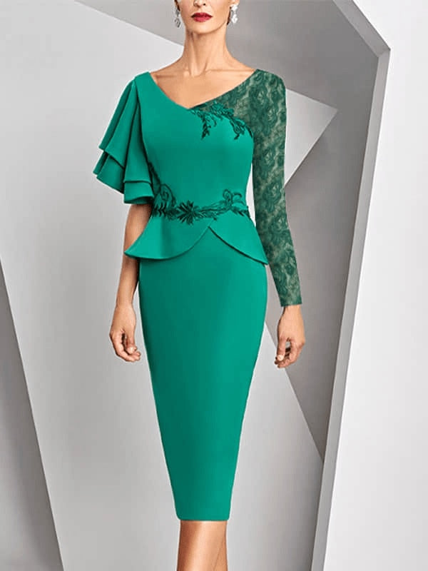 Green Long Sleeve V-Neck Bride Dress