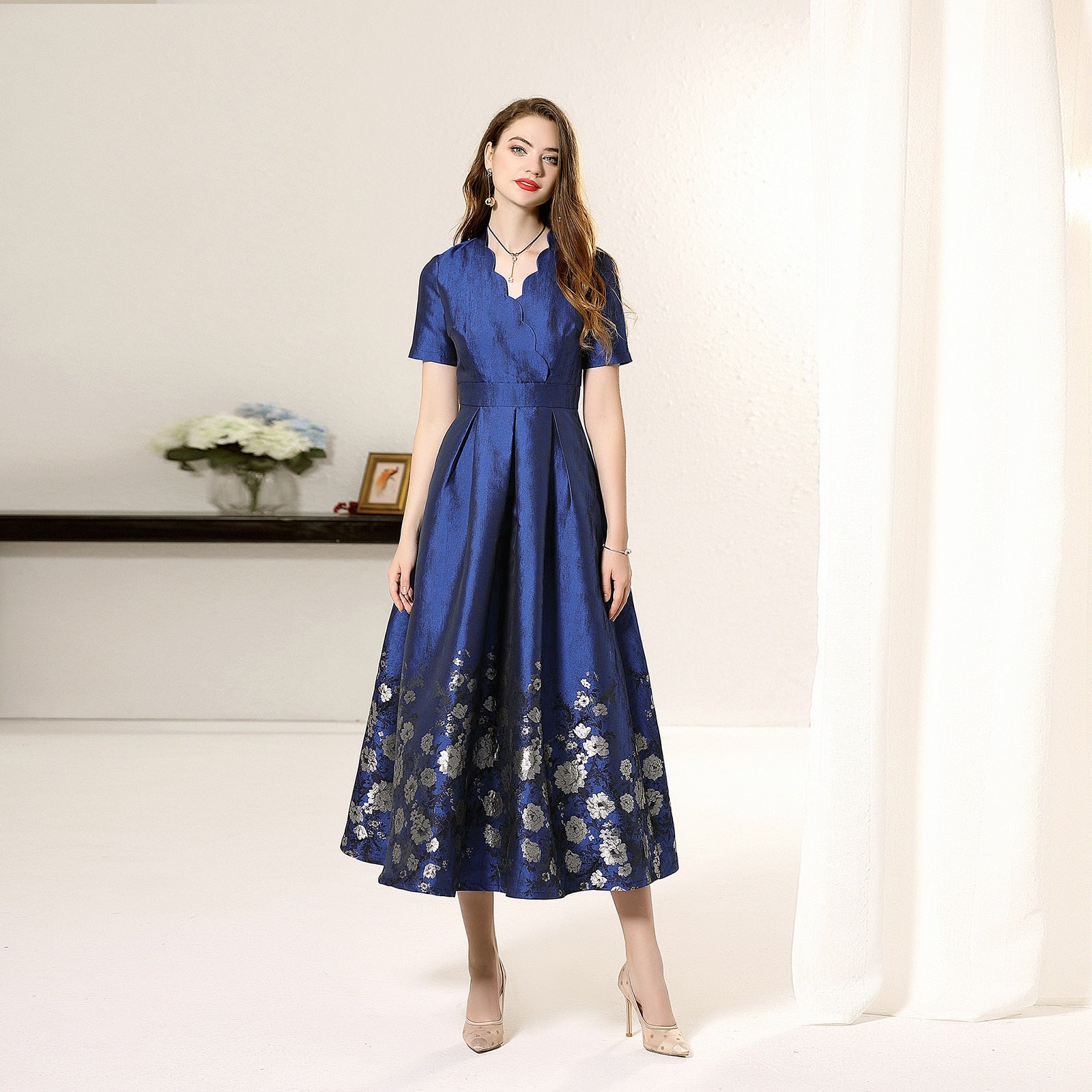 Hand-Made Navy Blue Brocade Floral Mother of the Bride Dress