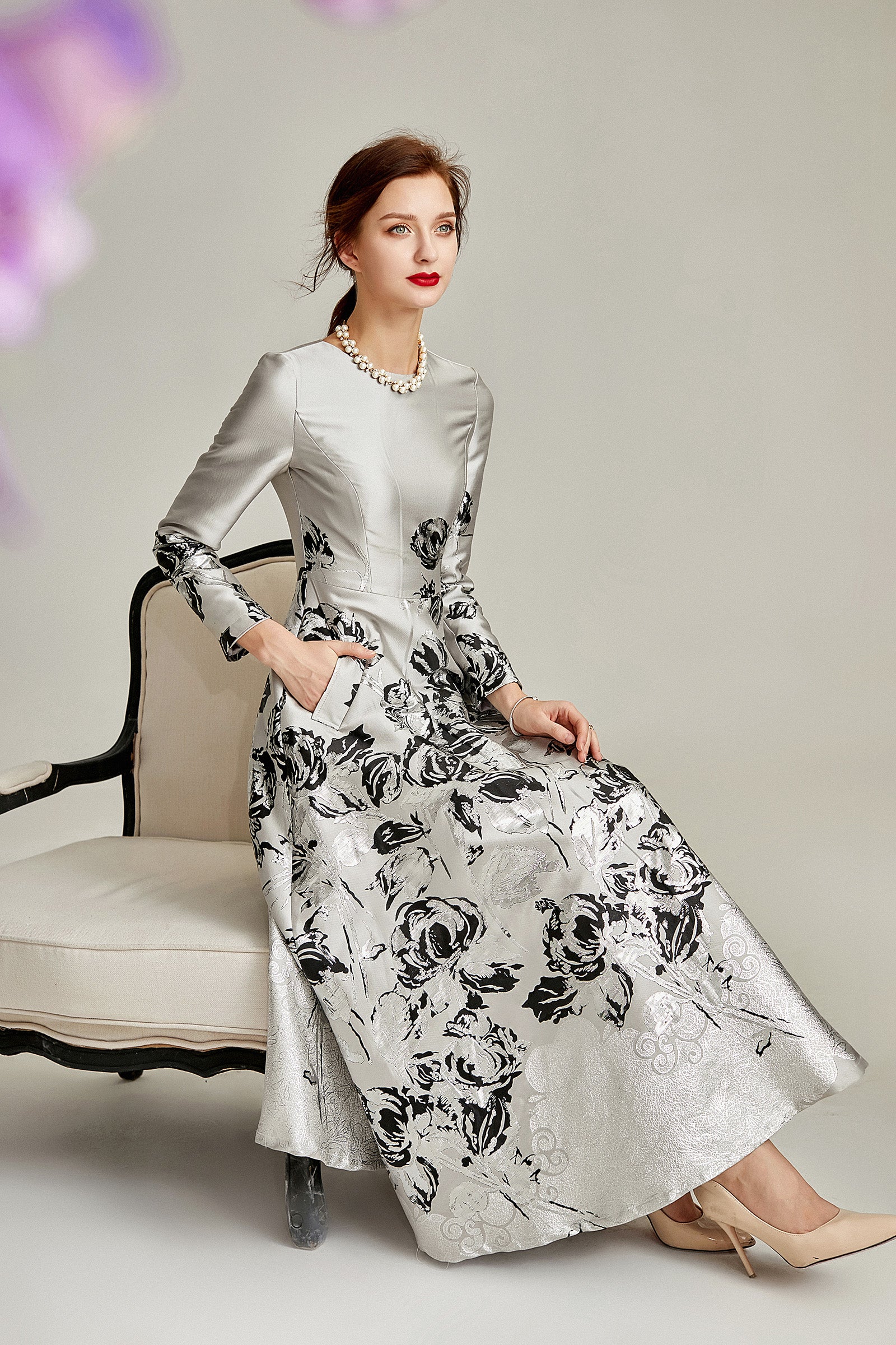 Handmade A-line Jacquard Silver Mother of the Bride Dress