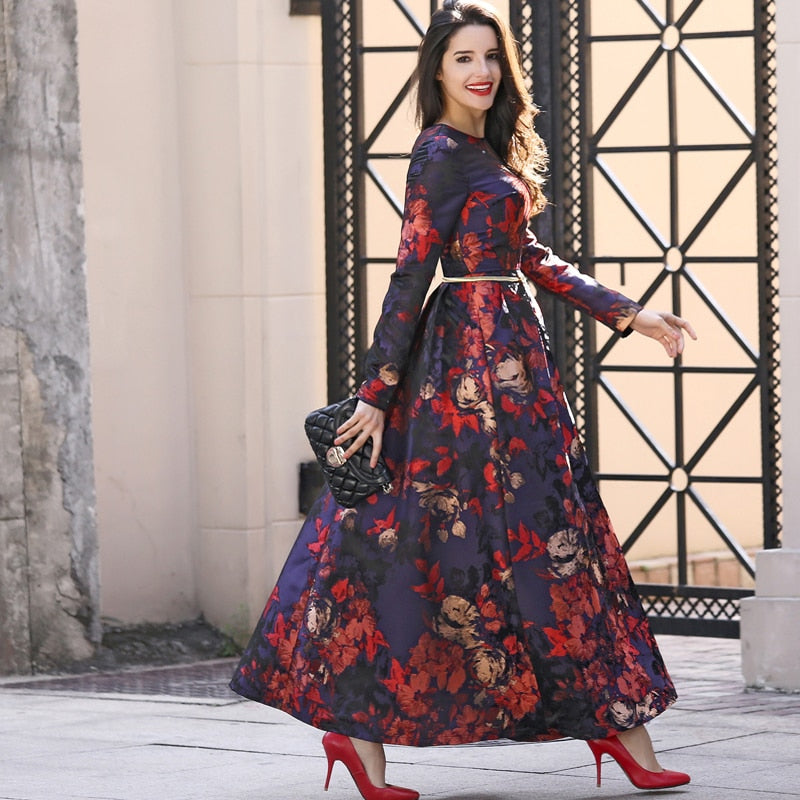 Black-Red Jacquard Floral Long Sleeve Maxi Dress