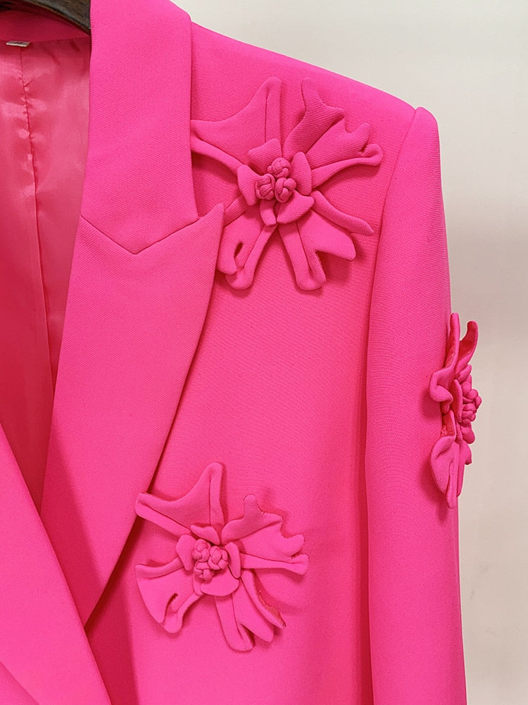 Hot Pink 3D Embroidery Flower Double Breasted Blazer