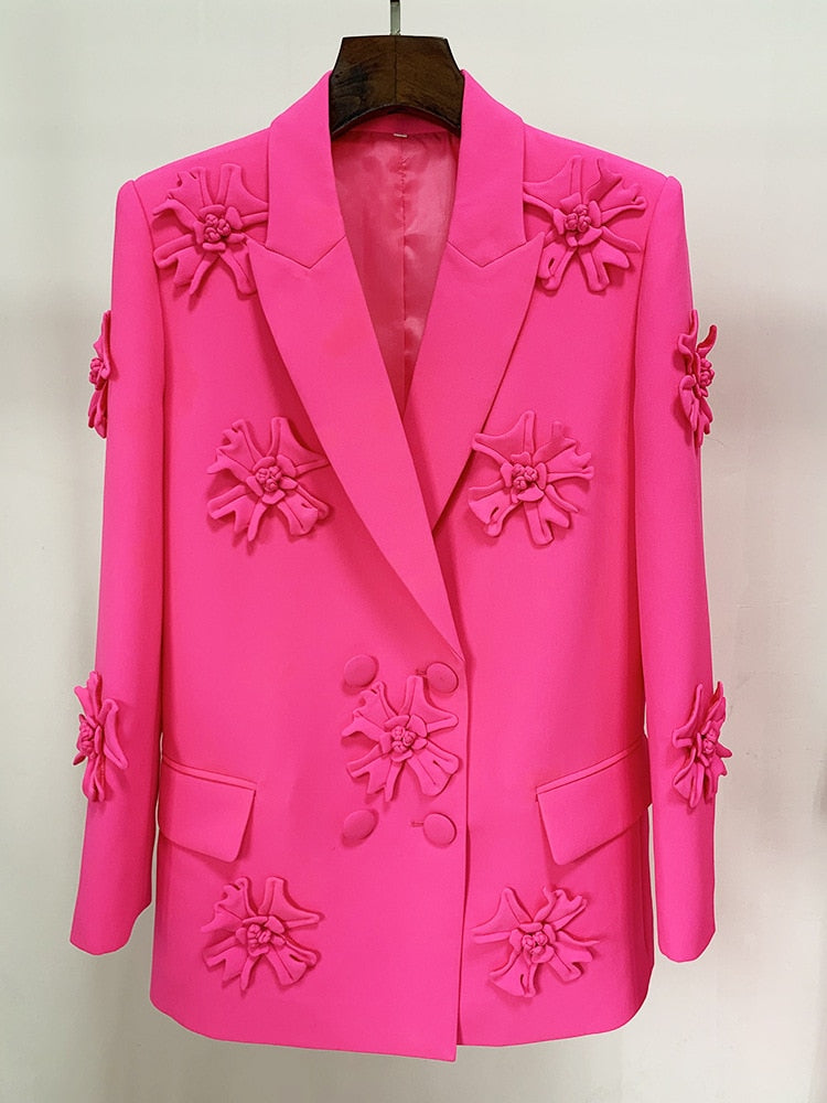 Hot Pink 3D Embroidery Flower Double Breasted Blazer