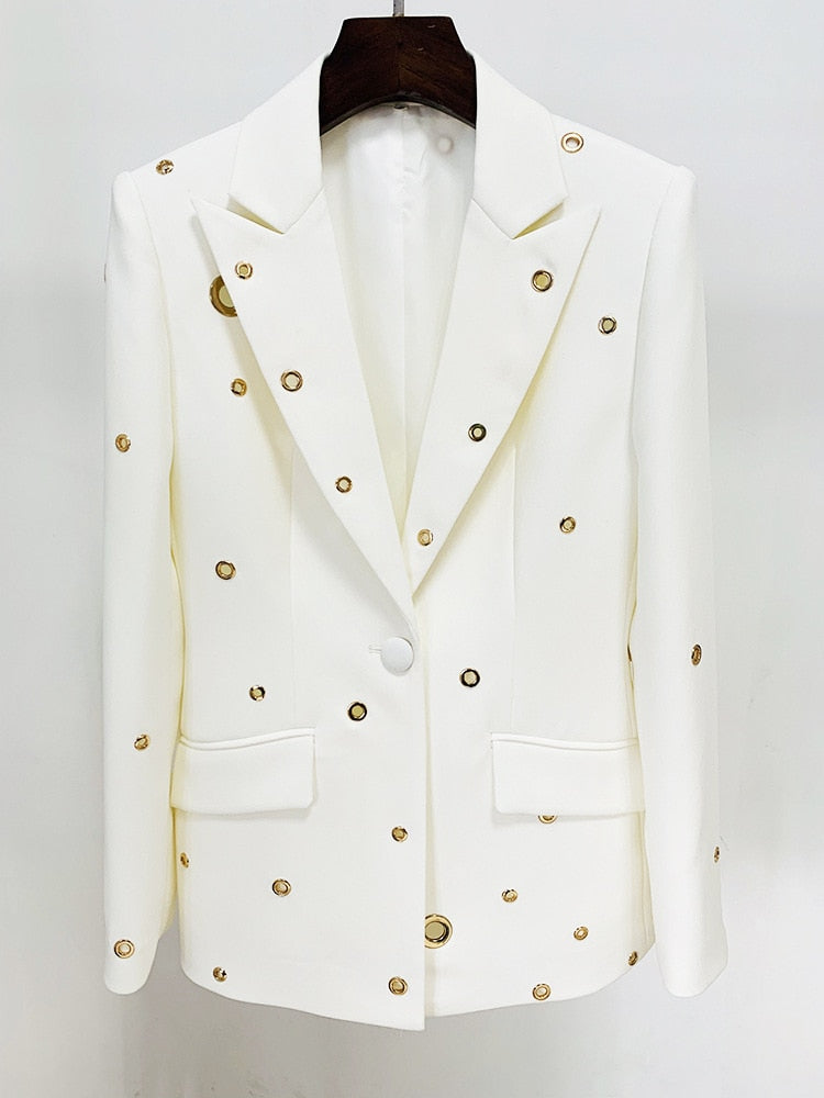 White 2 Piece Single Button Rivet Eyelet Lapel Suit