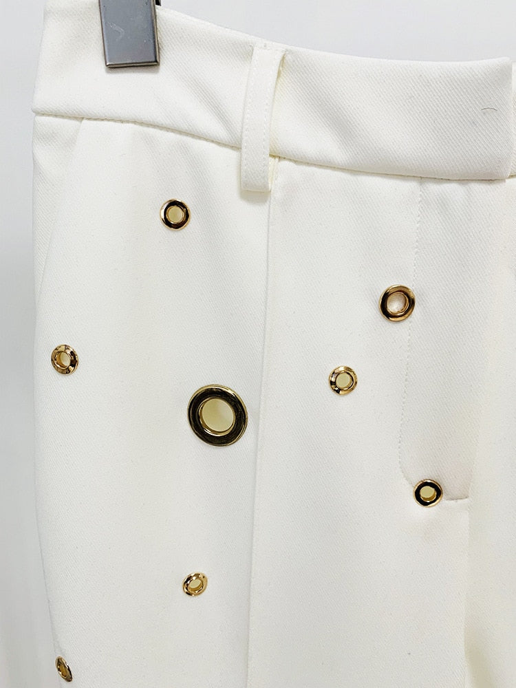 White 2 Piece Single Button Rivet Eyelet Lapel Suit