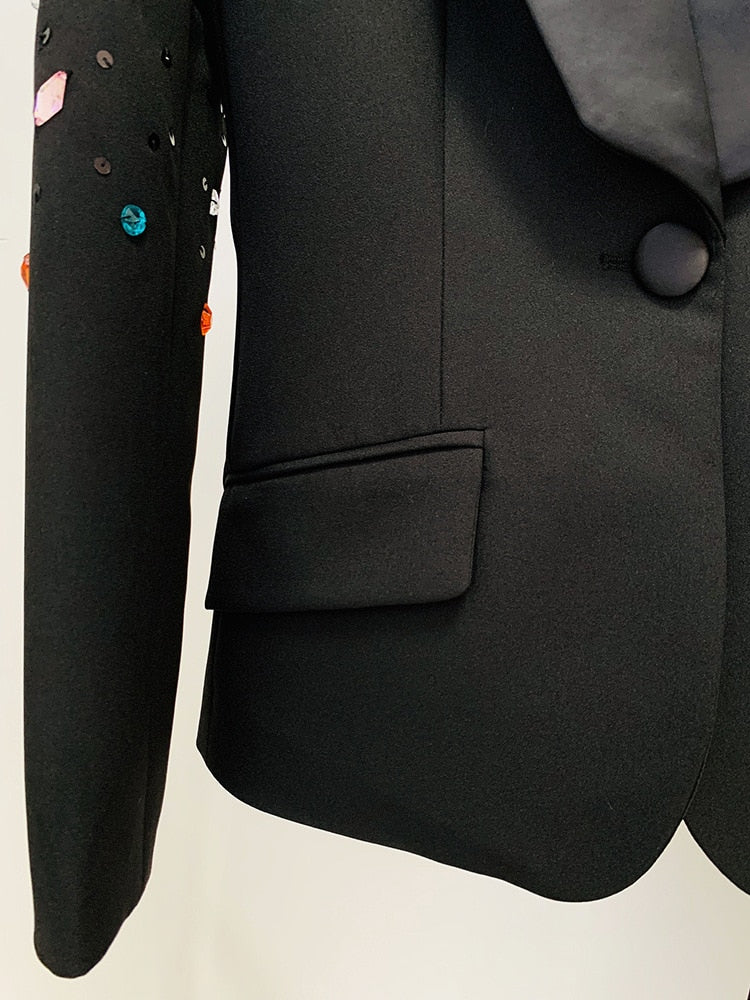 Black 2 Piece Diamond Sequined Beaded Blazer and Flare pants Suit