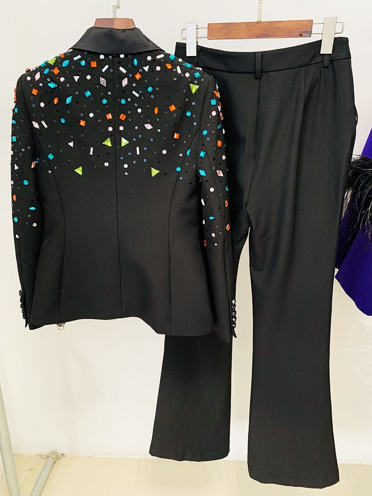 Black 2 Piece Diamond Sequined Beaded Blazer and Flare pants Suit