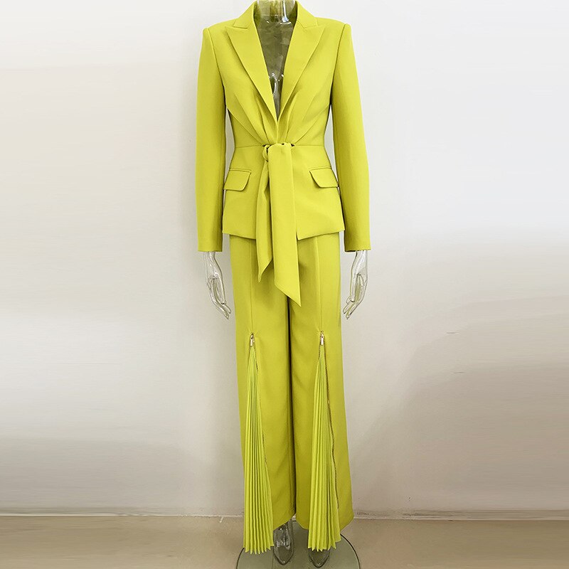 Turmeric Green 2 Piece  Pleated Zipper Trousers and Elegant Blazer Suit