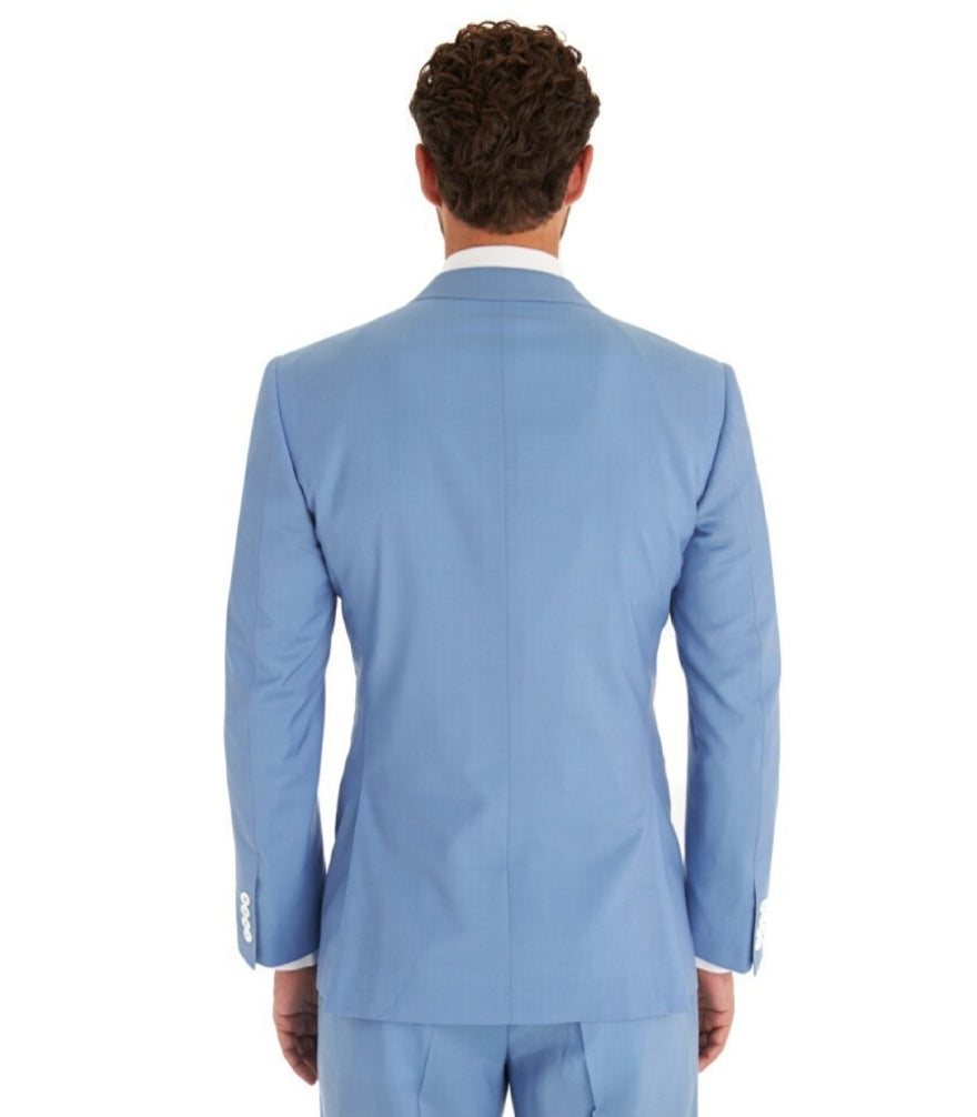 Men's sky blue 3 piece wool suit with white buttons