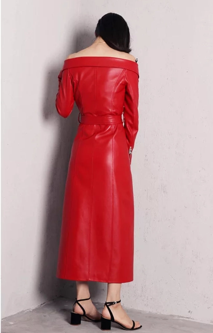 Belted red off shoulder maxi pu leather dress with zip detail