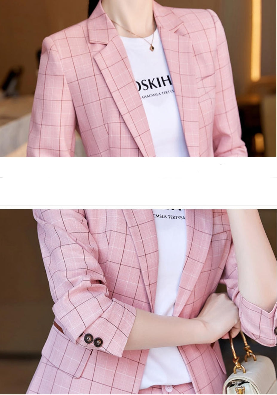 Pink 2-piece plaid suit with pocket piping, plaid pants and blazer suit set