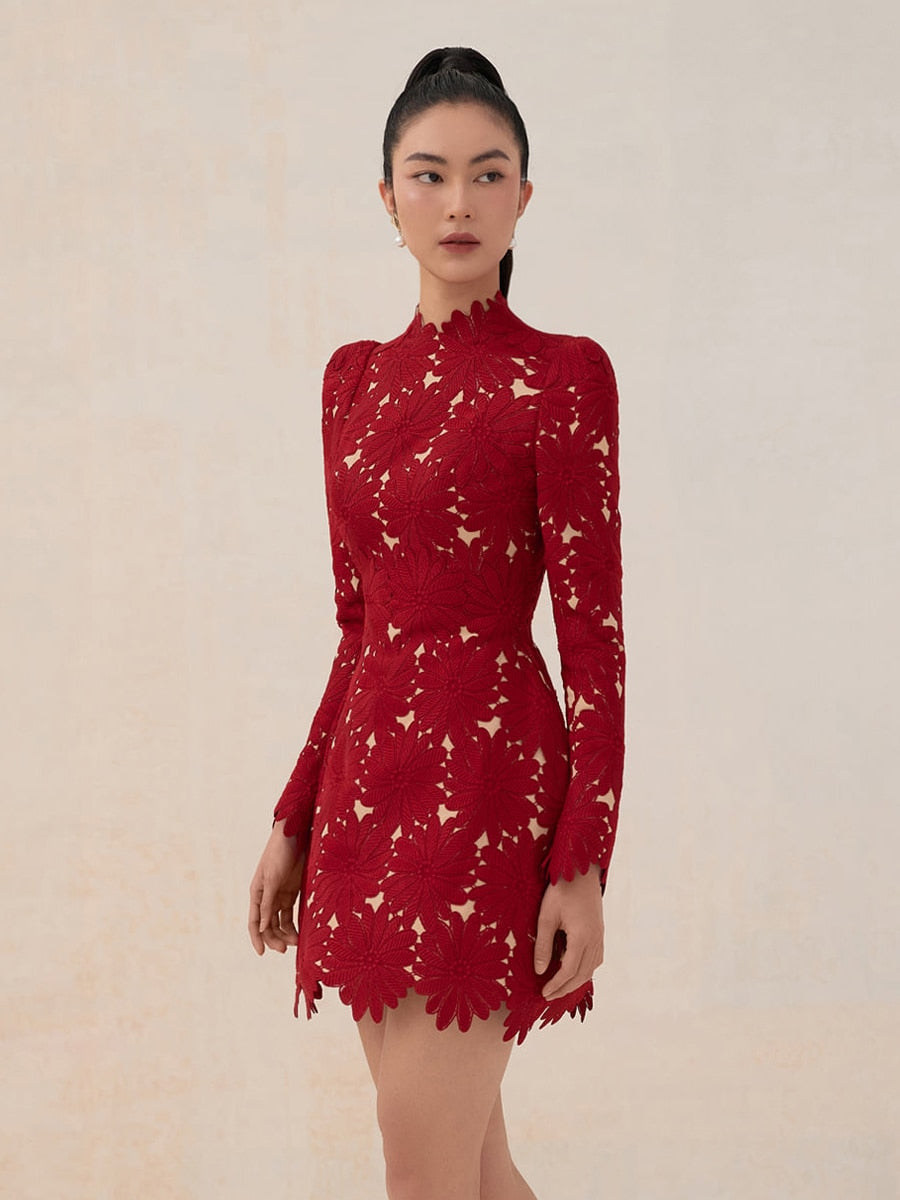 Red A-Line Long Sleeve Mini Formal Dress