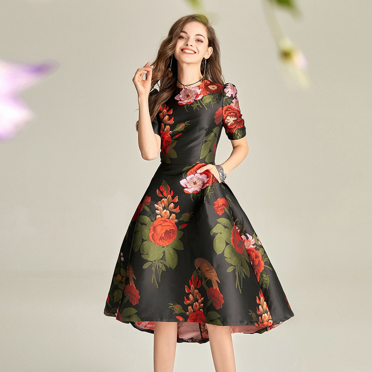 Black Floral Short Sleeves Swallow Mini Dress