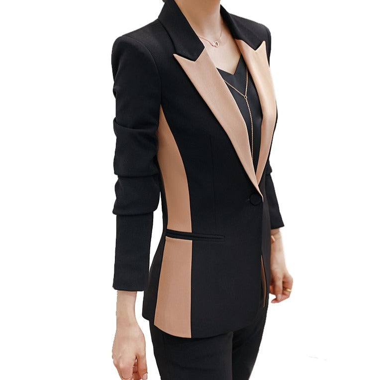 2 Piece Contrast Patchwork Blazer and Pants Suit in Beige or Black