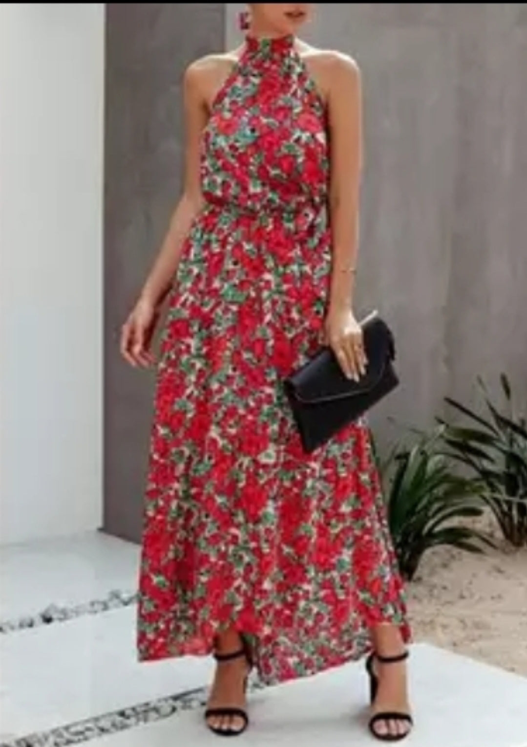 Red floral chocker neck backless casual summer tie dress