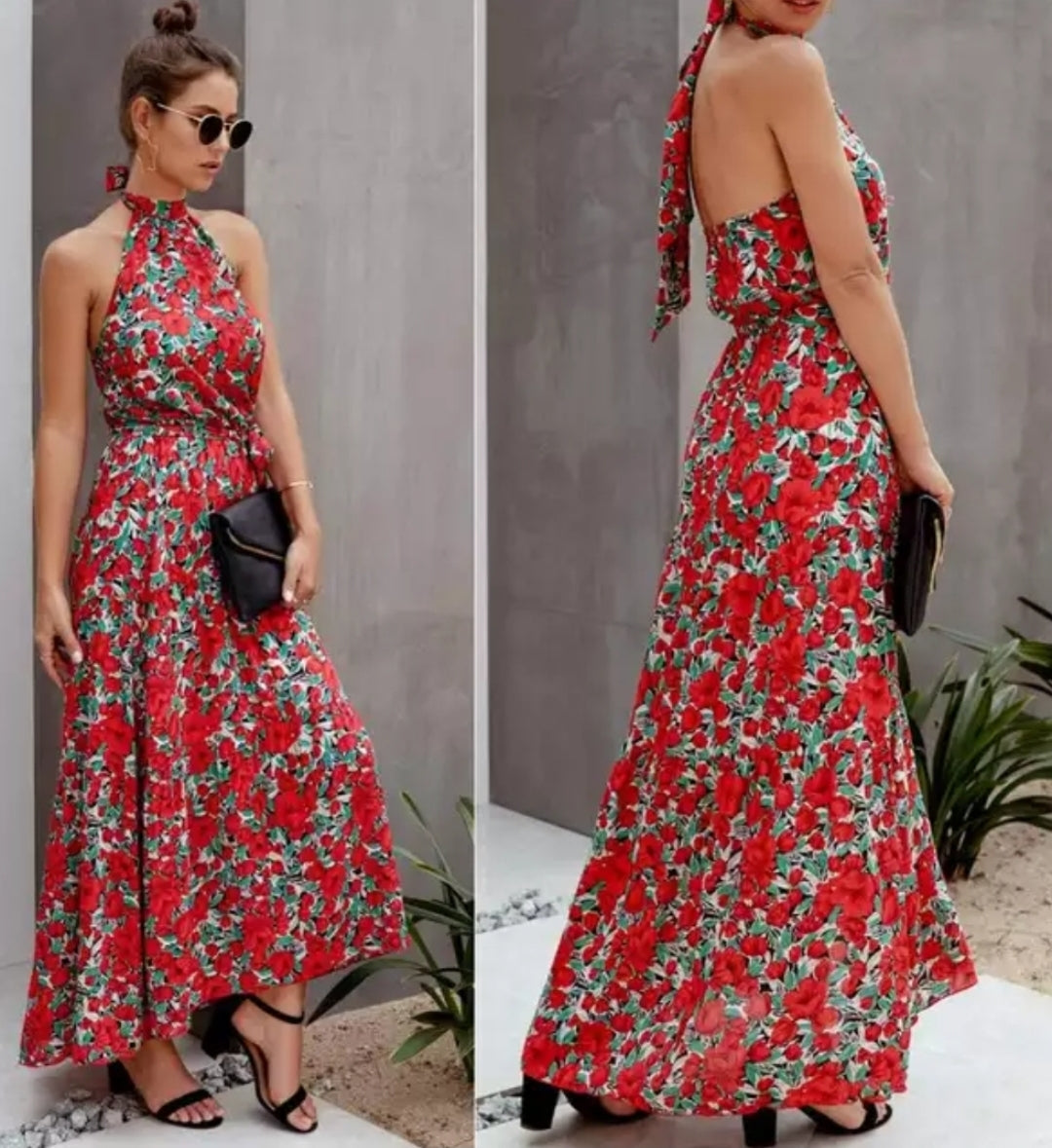 Red floral chocker neck backless casual summer tie dress